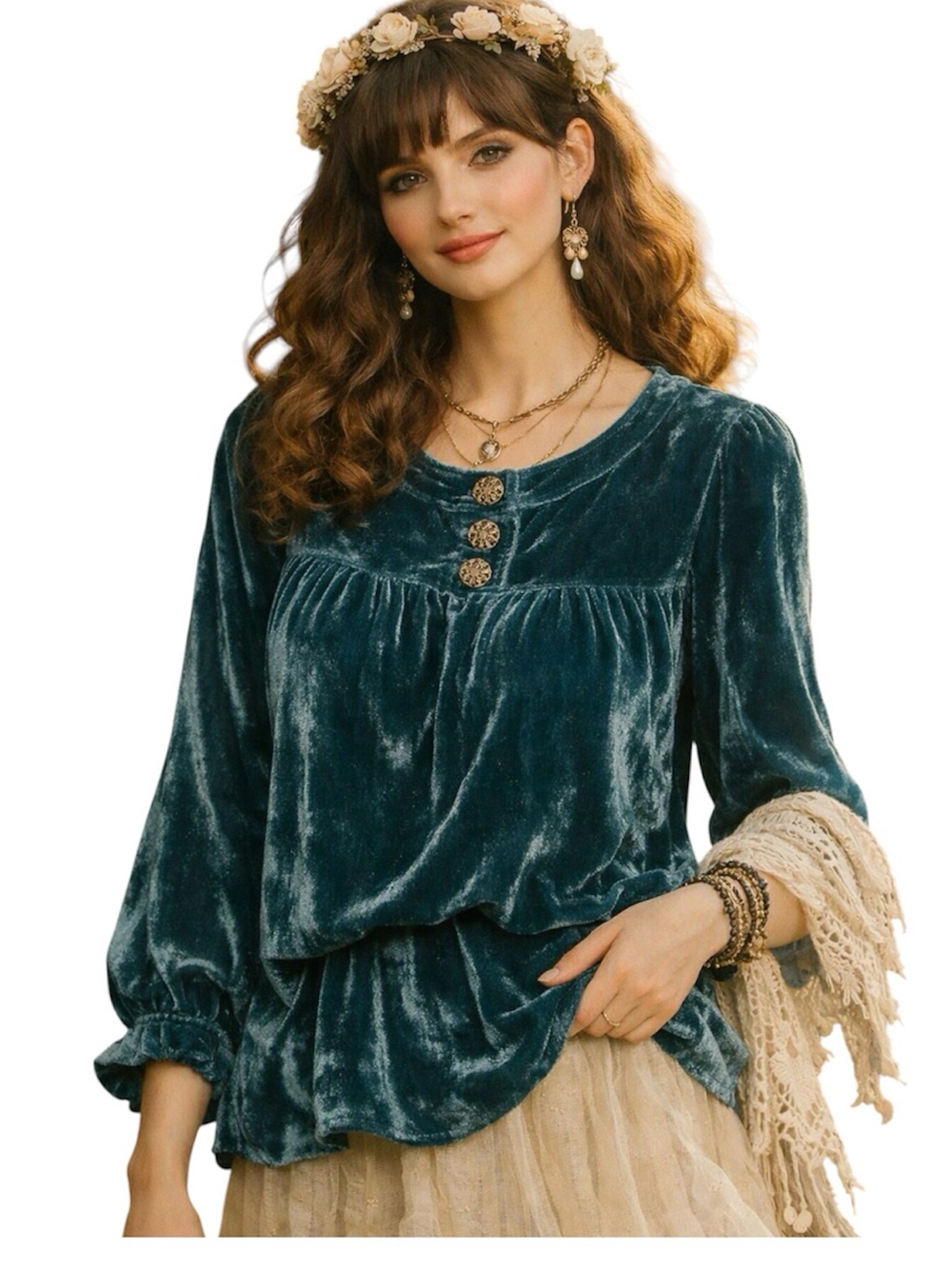 Style & Co Petite 10P Teal Velvet Peasant Blouse w/ Ornate Vintage Buttons